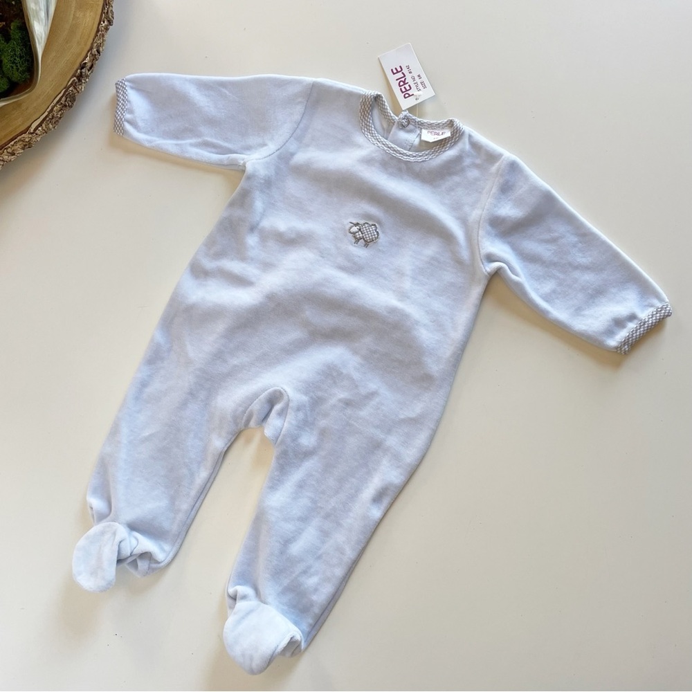New • Perle Baby Blue Velour Sheep Romper | 3-6m